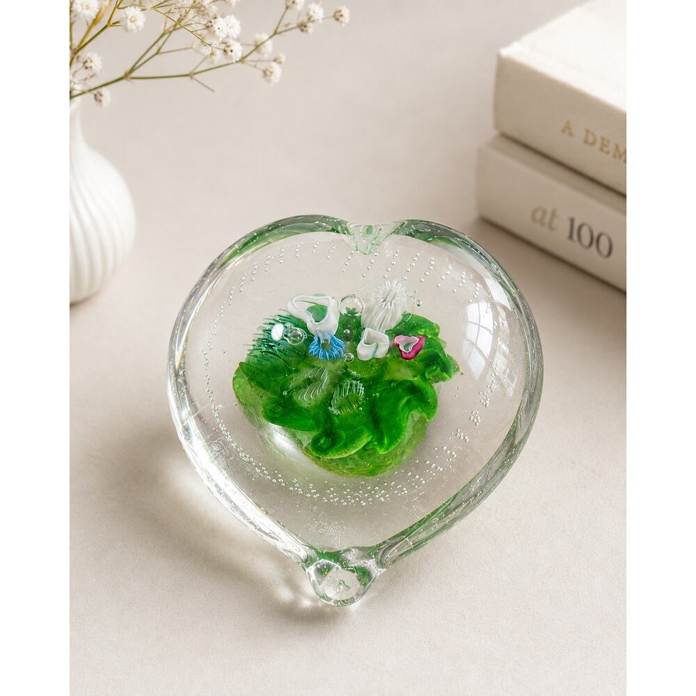 Signed Art Glass Heart Paperweight Green Floral Millefiori Controlled Bubble